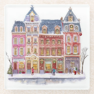 Aquarell-Winterdorf-Weihnachtsstadt Glasuntersetzer