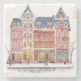 Aquarell-Winterdorf-Weihnachtsstadt Steinuntersetzer
