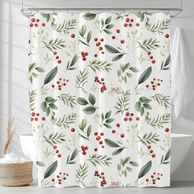 Aquarell Wintergrün und rote Beeren Botanik Duschvorhang (Watercolor Winter Greenery & Red Berry Botanical Shower Curtain)