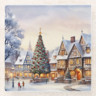 Aquarell-Winterlandschaft-Christmas-Dorf Glasuntersetzer