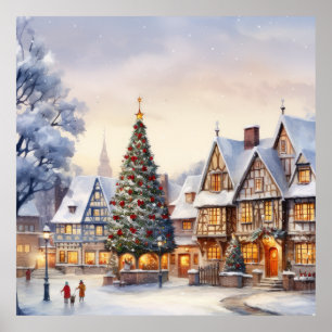 Aquarell-Winterlandschaft-Christmas-Dorf Poster