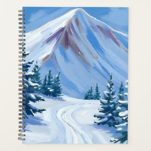 Aquarell-Winterlandschaft mit Schnee und Bergen in Planer