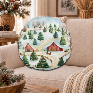 Aquarell-Winterlandschaft mit Tannen Rundes Kissen