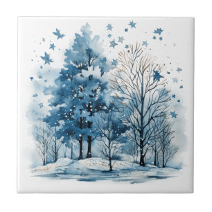 Aquarell-Winterwald-Baum Fliese