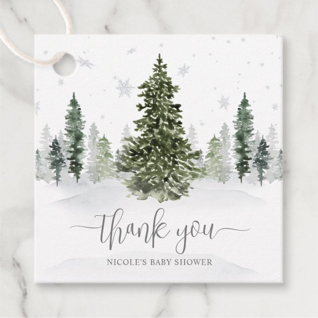 Aquarell Winterwald Graue Babydusche Geschenkanhänger (Vorderseite)