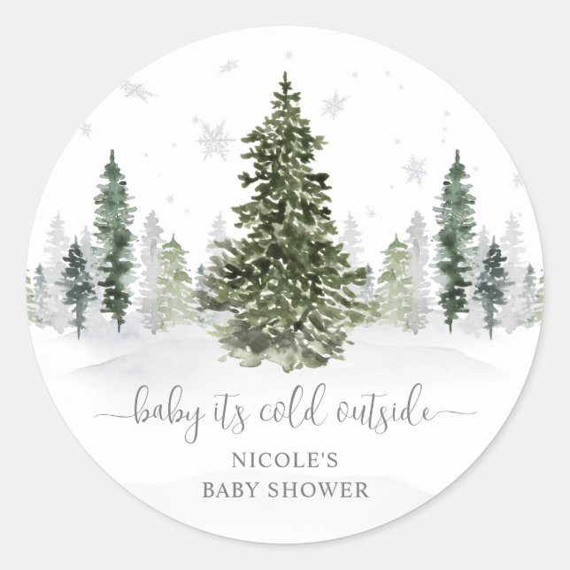 Aquarell Winterwald Graue Babydusche Runder Aufkleber (Vorderseite)