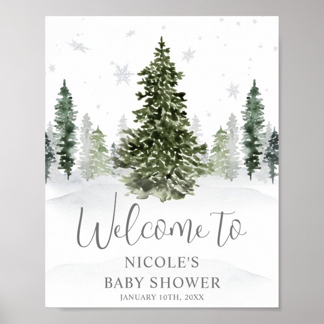 Aquarell Winterwald Graue Babydusche Willkommen Poster (Vorne)