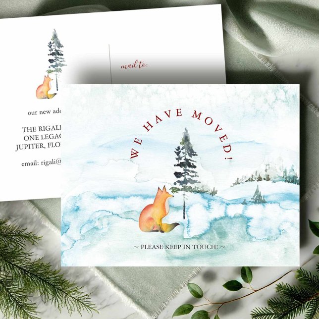 Aquarell Wir haben Weihnachtsfox-Postkarte verscho Postkarte (Winter moving announcement watercolor fox and snowy landscape Victoria Grigaliunas Do Tell A Belle)