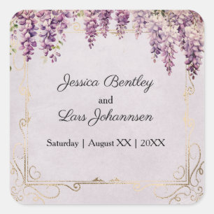 Aquarell-Wisteria auf Lavendel-Hochzeit Quadratischer Aufkleber