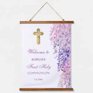 Aquarell-Wisteria-Erstkommunion-Willkommen Wandteppich Mit Holzrahmen