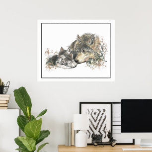 Aquarell Wolf & Jungtier Tierkunst Poster