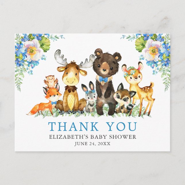 Aquarell Woodland Animals Baby Dusche Blau Postkarte (Vorderseite)
