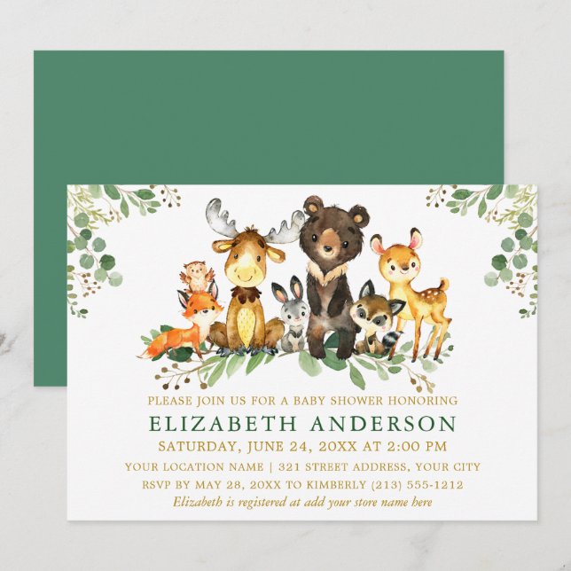 Aquarell Woodland Animals Baby Dusche Gold Einladung (Vorne/Hinten)