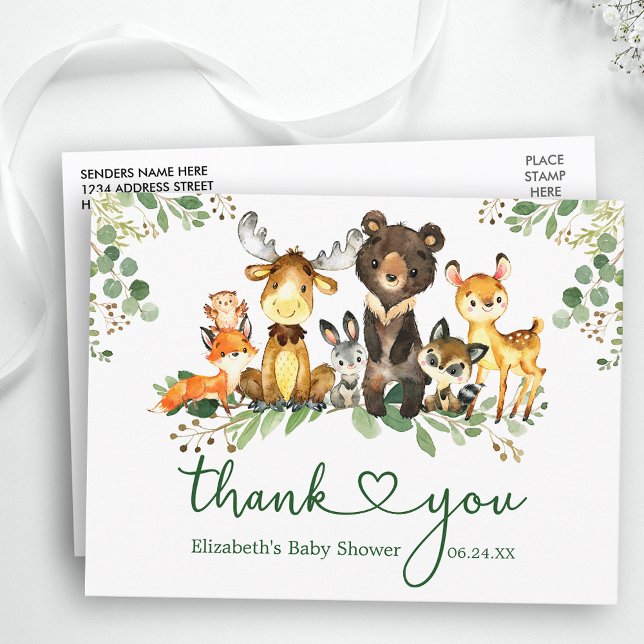 Aquarell Woodland Animals Dusche Vielen Dank Postkarte (Customize to change text size, color or text style.)