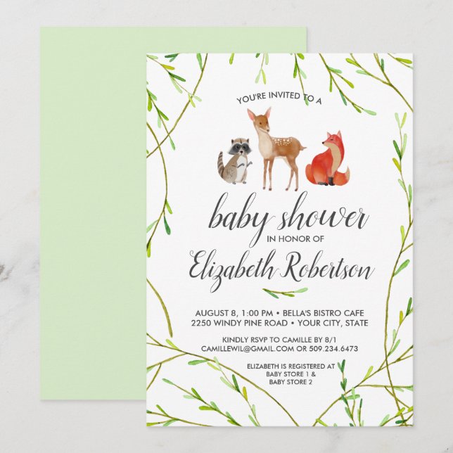 Aquarell Woodland Animals Kinderdusche Einladung (Vorne/Hinten)