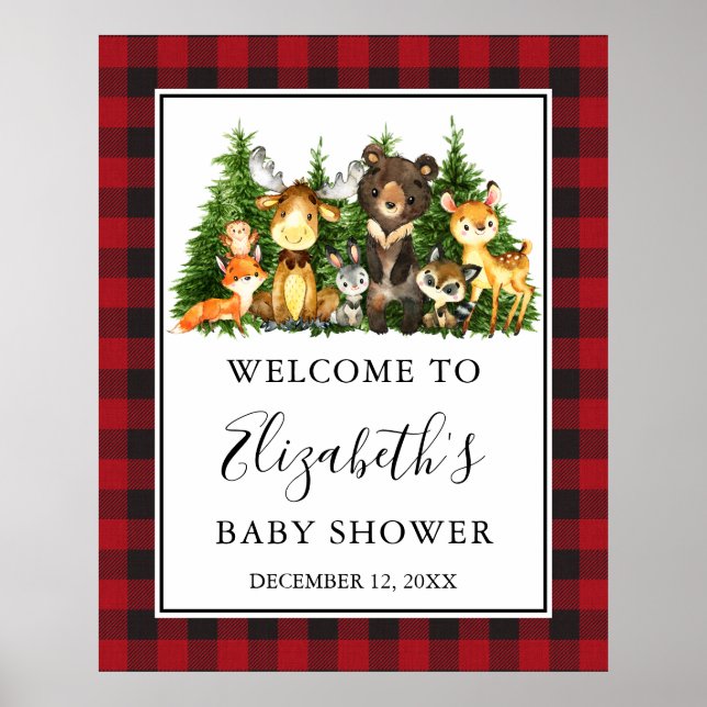 Aquarell Woodland Animals Kinderdusche Kariert Poster (Vorne)