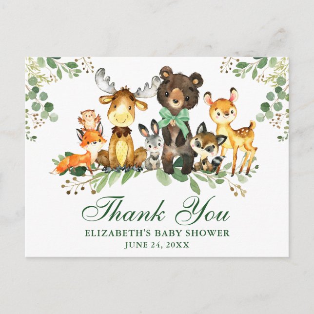 Aquarell Woodland Tiere Bow Danke Dusche Postkarte (Vorderseite)