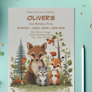 Aquarell Woodland Tiere Grüne 2. Geburtstag Einladung