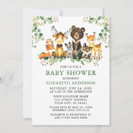 Aquarell Woodland Tiere Grünpflanzen Kinderdusche Einladung