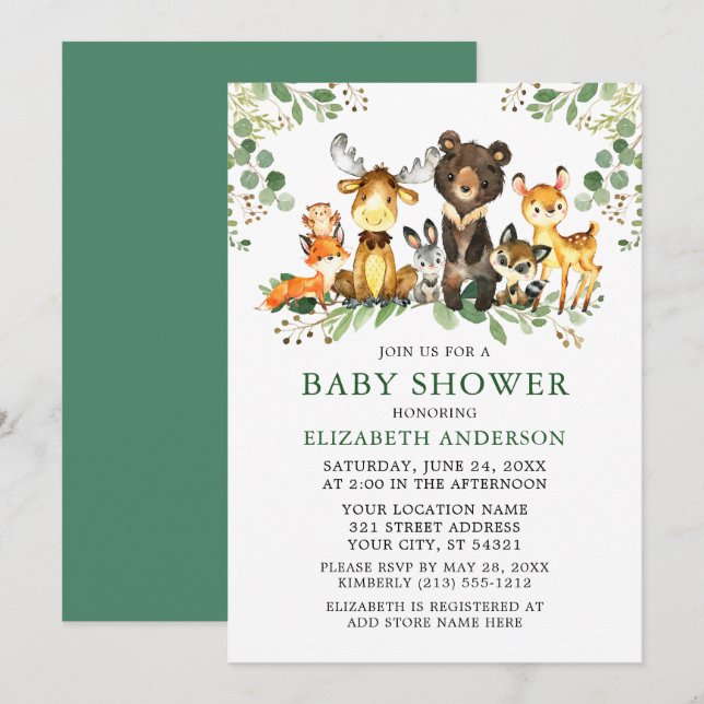Aquarell Woodland Tiere Grünpflanzen Kinderdusche Einladung (Vorne/Hinten)