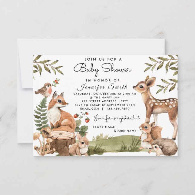 Aquarell Woodland Tiere Kinderdusche Einladung (Vorderseite)