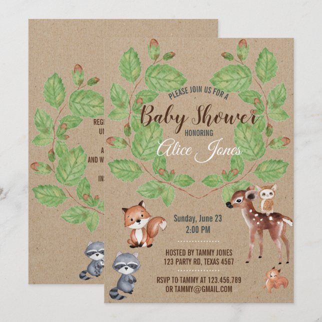 Aquarell Woodland Tiere Kinderdusche Einladung (Vorne/Hinten)