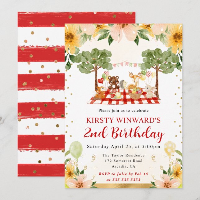 Aquarell Woodland Tiere Picnic Kindergeburtstag Einladung (Vorne/Hinten)