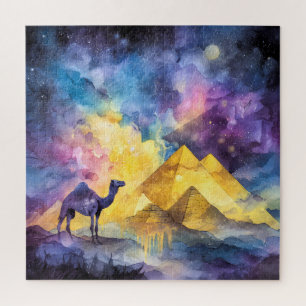 Aquarell-Wüsten-Galaxie-Kamel-Pyramide-Reise