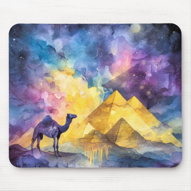 Aquarell-Wüsten-Galaxie-Kamel-Pyramide-Reise Mousepad (Vorne)