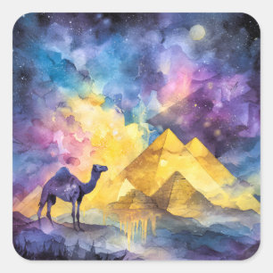 Aquarell Wüsten-Galaxie-Kamel-Pyramide-Reise Quadratischer Aufkleber