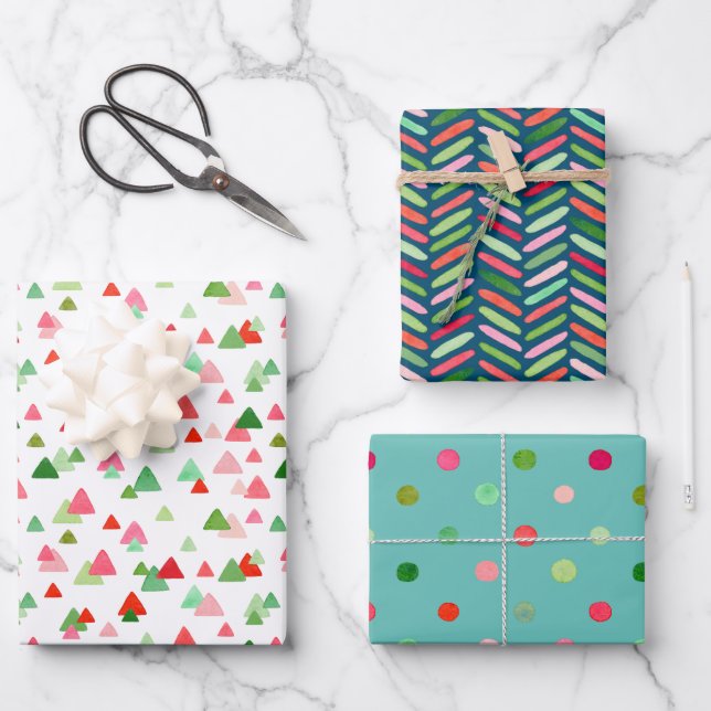 Aquarell Xmas Confetti Dreieck Zigzag Dots Geschenkpapier Set (Vorderseite)