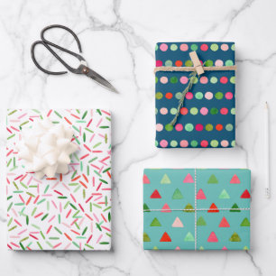 Aquarell Xmas Confetti Streifen Dreiecke Punkte Geschenkpapier Set
