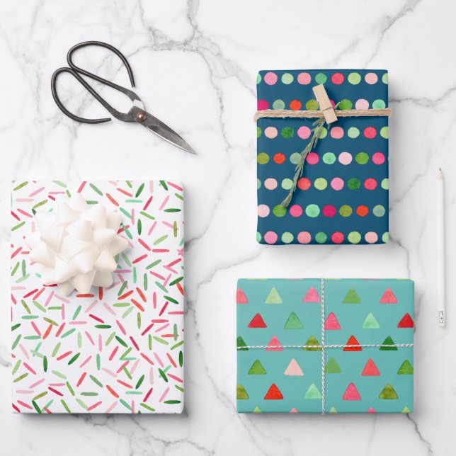 Aquarell Xmas Confetti Streifen Dreiecke Punkte Geschenkpapier Set (Vorderseite)