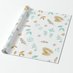 Aquarell zartes Blau und Gold Glitter Blumen Geschenkpapier