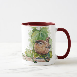 Aquarell-Zaunkönig-Vogel-Weinberg-Trauben-Blätter- Tasse