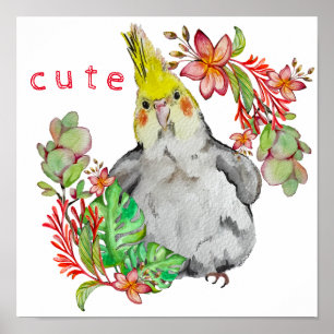 Aquarell zeichnend lustiger Papagei in Blume Poster