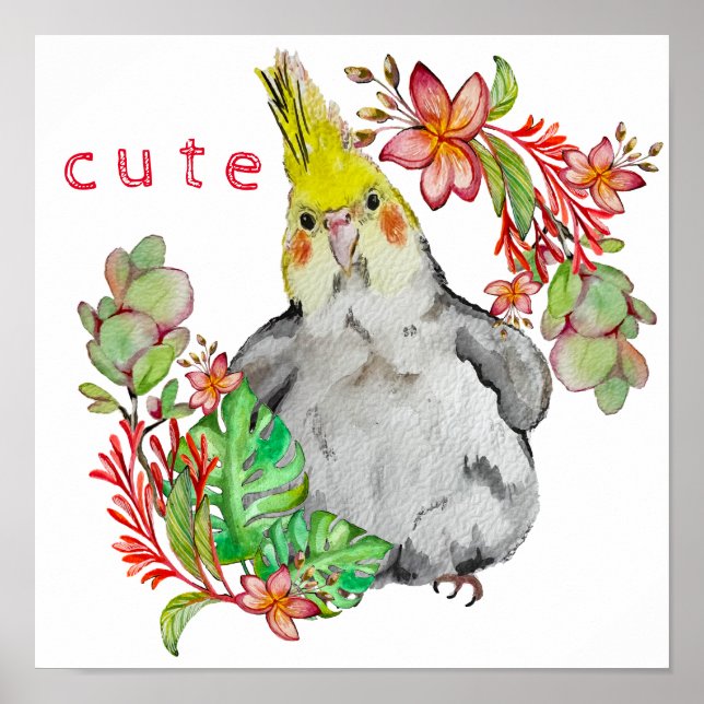 Aquarell zeichnend lustiger Papagei in Blume Poster (Vorne)