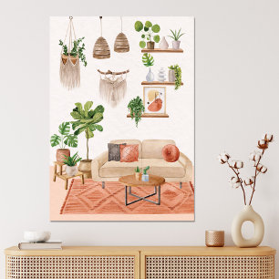 Aquarell-Zimmerpflanzen im Bohemian-Stil-Haus Leinwanddruck