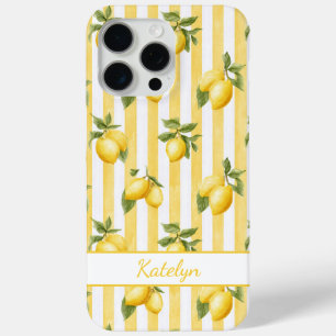 Aquarell-Zitronen auf gelben Streifen monogrammier Case-Mate iPhone Hülle