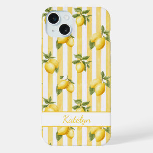 Aquarell-Zitronen auf gelben Streifen monogrammier iPhone 15 Plus Hülle