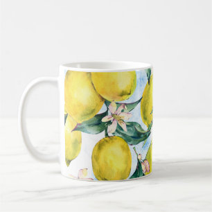 Aquarell-Zitronen, frischer Zitruszweig. Kaffeetasse