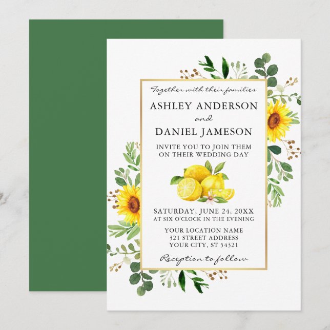 Aquarell Zitronen Grüne Sonnenblumen Hochzeit Einladung (Vorne/Hinten)