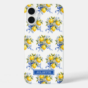 Aquarell-Zitronen mit blauem Blumenmonogramm iPhone 16 Plus Hülle