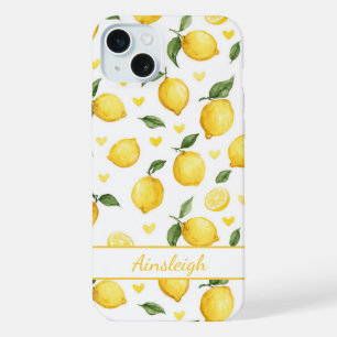 Aquarell-Zitronen mit monogrammierten Herzen iPhone 15 Plus Hülle