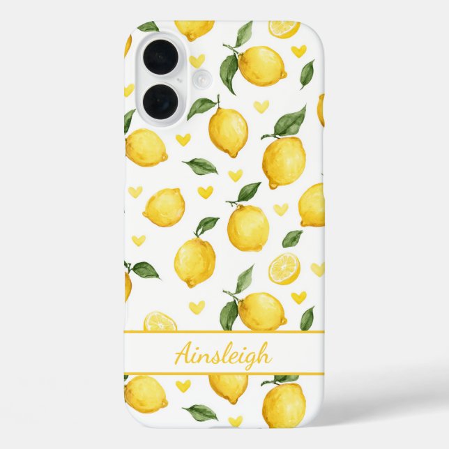 Aquarell-Zitronen mit monogrammierten Herzen iPhone 16 Plus Hülle (Rückseite)