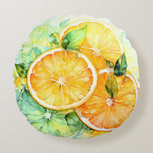 Aquarell-Zitronen-Orange-Lime-Botanik-Küche Rundes Kissen