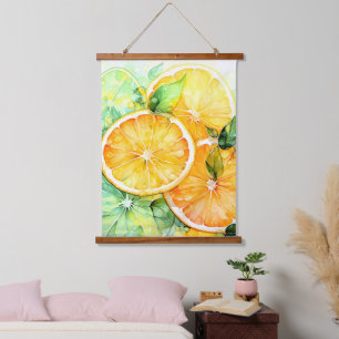 Aquarell-Zitronen-Orange-Lime-Botanik-Küche Wandteppich Mit Holzrahmen