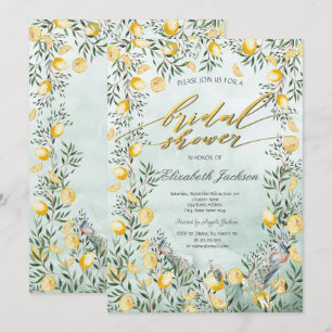 Aquarell-Zitronen-Pfauen Hochzeit Grüne Brautparty Einladung