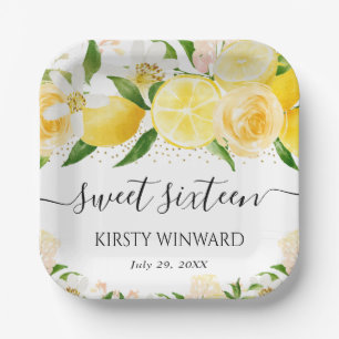 Aquarell-Zitronen und Blumen Sweet Sixteen Pappteller