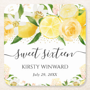 Aquarell-Zitronen und Blumen Sweet Sixteen Rechteckiger Pappuntersetzer